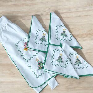 Christmas Dinner Napkins (4) Apron Set Vintage White Cotton Hand Embroidered